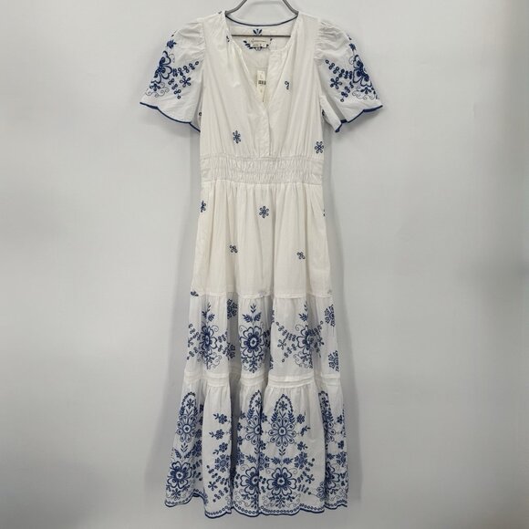 Anthropologie Dresses & Skirts - by Anthropologie Somerset Tiered Maxi Dress XS White and Blue Floral Embroidery